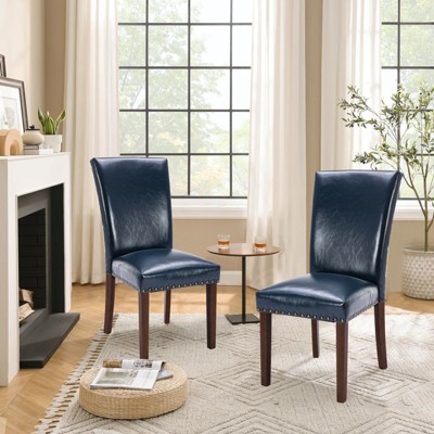 Set of 2 PU Leather Parsons Dining Chairs with Nailhead Trim and Wood Legs, Upholstered Kitchen Side Chairs for Dining Room