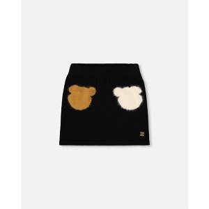Deux par Deux Girl Knitted Skirt Black with Bear Intarsia - 1 of 4