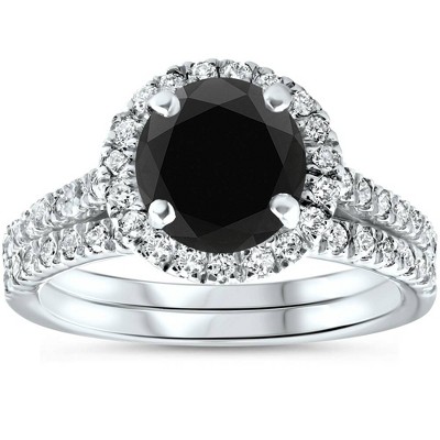 Pompeii3 2 1/2 Ct Treated Black Diamond Halo Engagement Wedding Ring Set 14K White Gold - Size 6.5