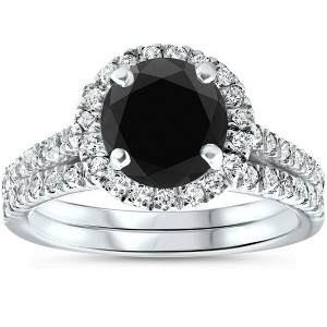 Pompeii3 2 1/2 Ct Treated Black Diamond Halo Engagement Wedding Ring Set 14K White Gold - 1 of 4