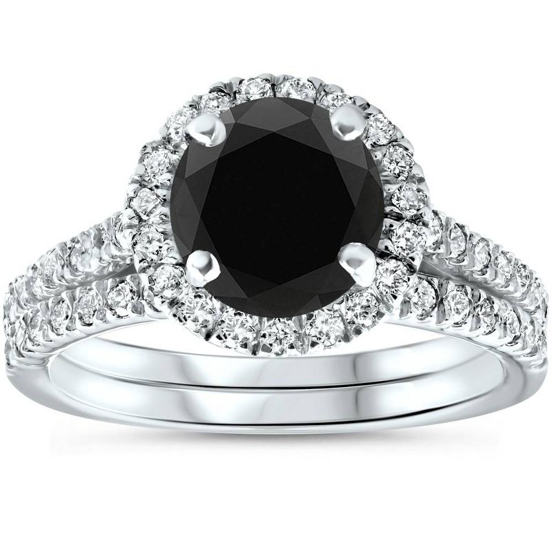Pompeii3 2 1/2 Ct Treated Black Diamond Halo Engagement Wedding Ring Set 14K White Gold, 1 of 6