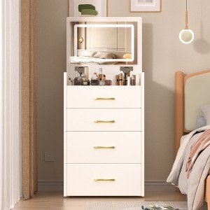 Okak 3-IN-1 Makeup Vanity with Flip-Top Mirror, Compact Vanity with 3 Drawers and Padding Stool, Vanity Table for Bedroom, Living Room, White - 1 of 4