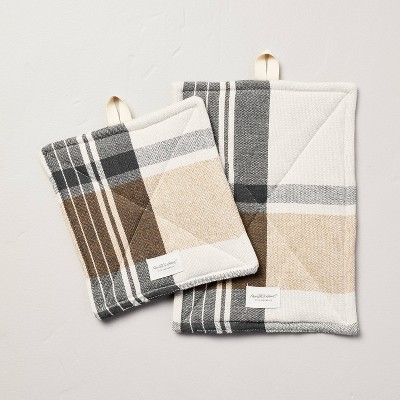 2pc Autumn Plaid Potholder Set Cream/Almond/Gray - Hearth & Hand™ with Magnolia
