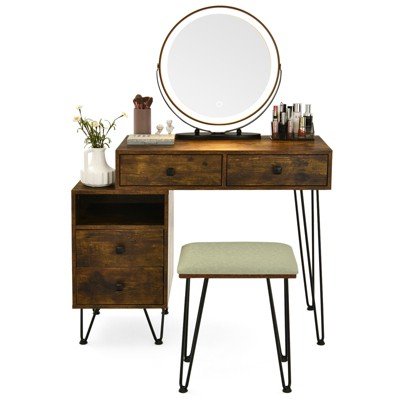 Tangkula Bedroom Makeup Vanity Dressing Table Stool Set with 3 Colors Lighted Mirror Large Storage Cabinet Drawer