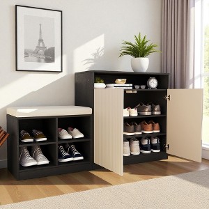 Mshliw Entryway Cabinet with Shoe Bench,2-Door 3-Tier Adjustable Shelves,4 Open Shoe Racks & Removable Cushion,Wavy Slatted Door Console with Hooks - 1 of 4