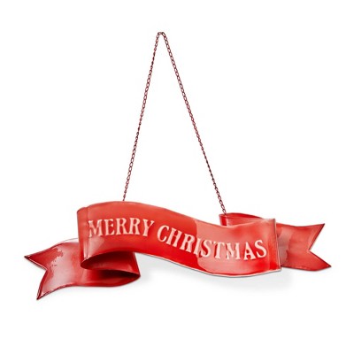 tag Merry Christmas Hanging Door Sign - Red Iron Wall Art Panel, 16.37" L x 10.4" H, Easy to Clean, Festive Holiday Decor