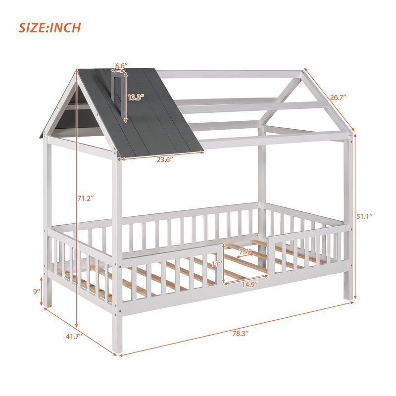 Twin Size Wood House Bed with Fence - ModernLuxe, 3 of 9