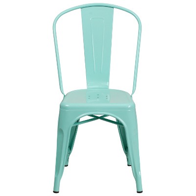 Mint Green Metal Armless Stacking Dining Chair with Slat Back