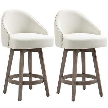 HOMCOM Bar Stools Set of 2, Linen Fabric Kitchen Counter Stools with Nailhead Trim, Rubber Wood Legs and Footrest for Dining Room, Counter, Pub