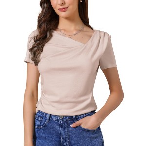 INSPIRE CHIC Women's Short Sleeves Asymmetrical Neck Ruched Going Out Crop Basic Blouses - 1 of 4