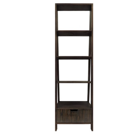 4 Shelf Wooden Ladder Bookcase With, Leaning Bookcase With Storage Bins