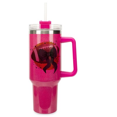 Elanze Designs 40 Ounce Stainless Steel Double Wall Insulated Glitter Travel Tumbler With Handle, Straw, and Lid, Football With Black Bow Hot Pink