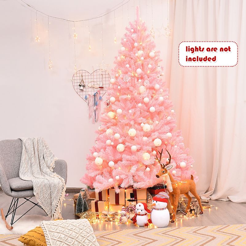 Costway 7.5Ft Hinged Artificial Christmas Tree Full Fir Tree New PVC w/ Metal Stand Pink, 4 of 12