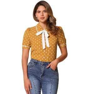 Allegra K Women's Polka Dots Peter Pan Collar Tie Neck Short Sleeve Shirt - 1 of 4