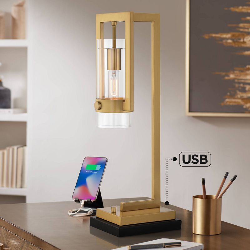 Possini Euro Design Denali 25" High Modern Desk Lamp with Dual USB Ports Gold Marble Metal Single Clear Shade Home Office Living Room Charging Bedroom, 2 of 10