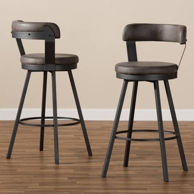Arcene Antique Gray Faux Leather Swivel Barstools with Metal Frame, Set of 2