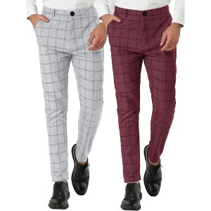 Lars Amadeus Men's Plaid Printed Tapered Leg Flat Front Business Dress Pants 2 Packs - 1 of 4