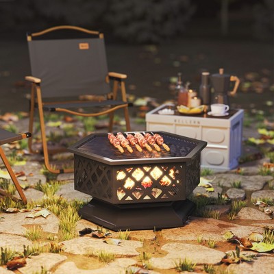 Hexagonal Black Steel Wood-Burning Fire Pit with Grill