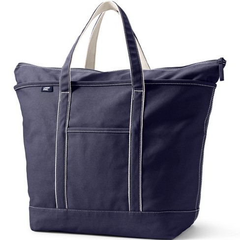 Lands' End Large Solid Color 5 Pocket Zip Top Long Handle Canvas Tote Bag - True Navy