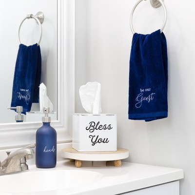 White Enamelware Square Tissue Box Cover with Bless You Text