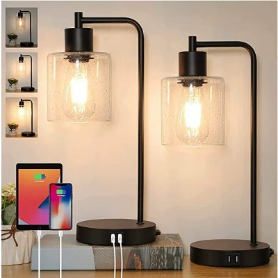 Ludomide Set of 2 Fully Stepless Dimmable Industrial Table Lamps with 2 USB Ports & AC Outlet