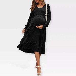 Women's Maternity Midi Dress Long Sleeve V-Neck Flowy Dress Pleated Flare with Smocked Cuffs Casual Dress - 1 of 4