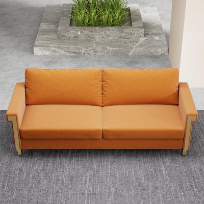TiramisuBest 2.5-Seat Velvet Sofa,Mid-Century Modern Orange Couch with Gold Accents,Elegant Upholstered Sofa for Living Room or Lounge
