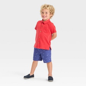 OshKosh B'gosh Toddler Boys' Button Down Top and Woven Shorts Set - Navy Blue/Red - 1 of 4
