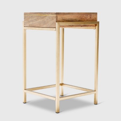 Sidney Beige Mango Wood and Gold Metal Storage Side Table
