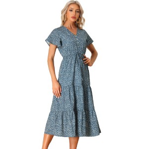 Allegra K Women's Summer Boho Casual Short Sleeve V Neck Tiered Floral Midi Dresses - 1 of 4