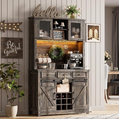 Farmhouse 72'' Bar Cabinet with LED Light, Kitchen Hutch with 3 Drawers and Wine Glass Rack, Sliding Barn Door Tall Wine Cabinet for Home Bar