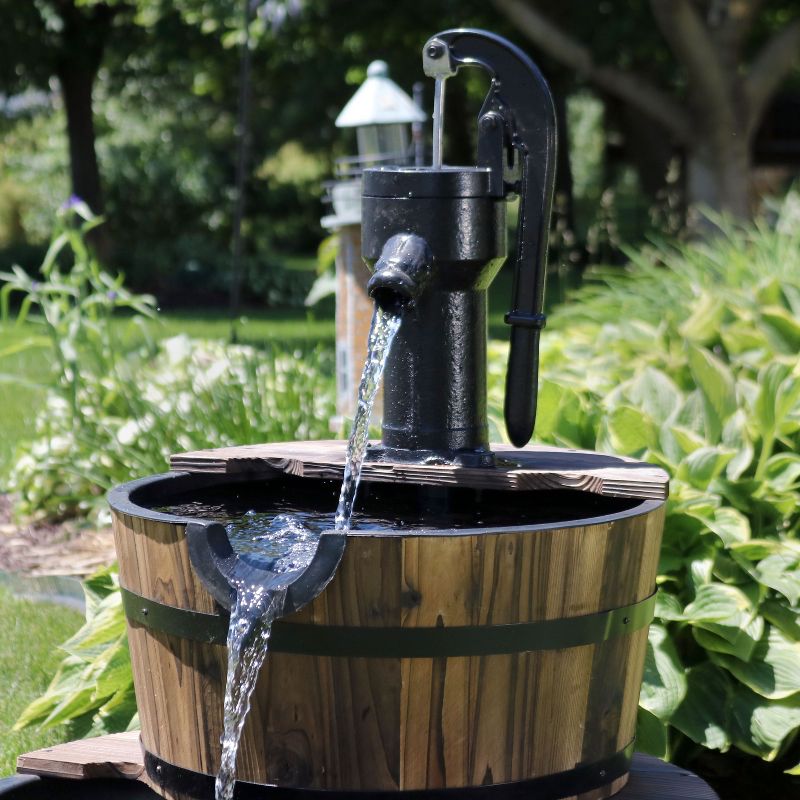 Sunnydaze 34"H Electric Fir Wood 2-Tier Farmhouse Barrel with Metal Decorative Hand Pump Outdoor Water Fountain, 2 of 13