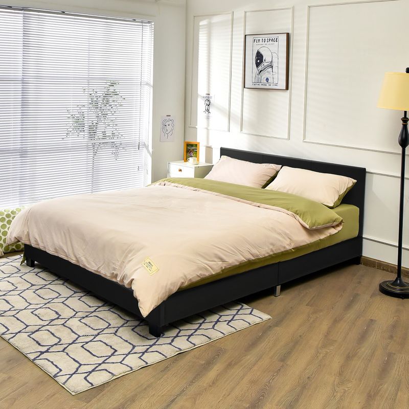 Costway Full Upholstered Platform Bed Frame with Linen/PU Headboard Wood Slat Gray/Black, 4 of 10