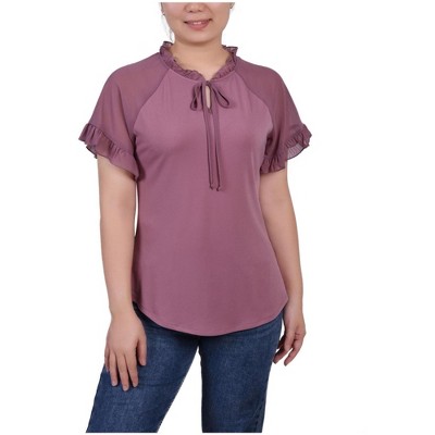 NY Collection Womens Chiffon Knit Crepe Ruffled Blouse