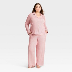 Women's Cloud Knit Modal Long Sleeve Notch Collar Top and Pants Pajama Set - Auden™ Red & White Stripe - 1 of 3