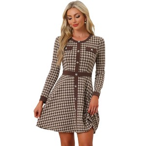 INSPIRE CHIC Women's Houndstooth Plaid Contrast Color Crew Neck Button Front Elegant A-Line Dress - 1 of 4