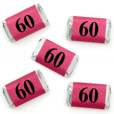 Big Dot of Happiness Chic 60th Birthday - Pink, Black and Gold - Mini Candy Bar Wrapper Stickers - Birthday Party Small Favors - 40 Count