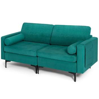 Costway Modern Loveseat 2-Seat Sofa Couch w/ 2 Bolsters Side Storage Pocket Teal