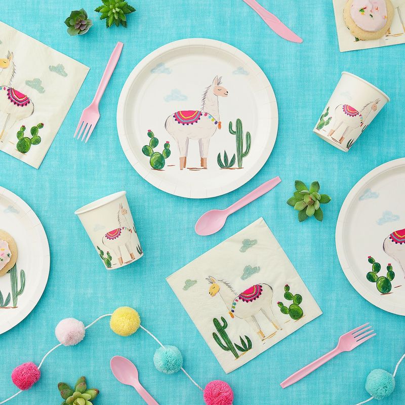 Blue Panda 144 Pieces Llama Birthday Party Supplies with Paper Plates, Napkins, Cups, and Cutlery, Cactus Baby Shower Decorations for Girl, Serves 24, 2 of 8