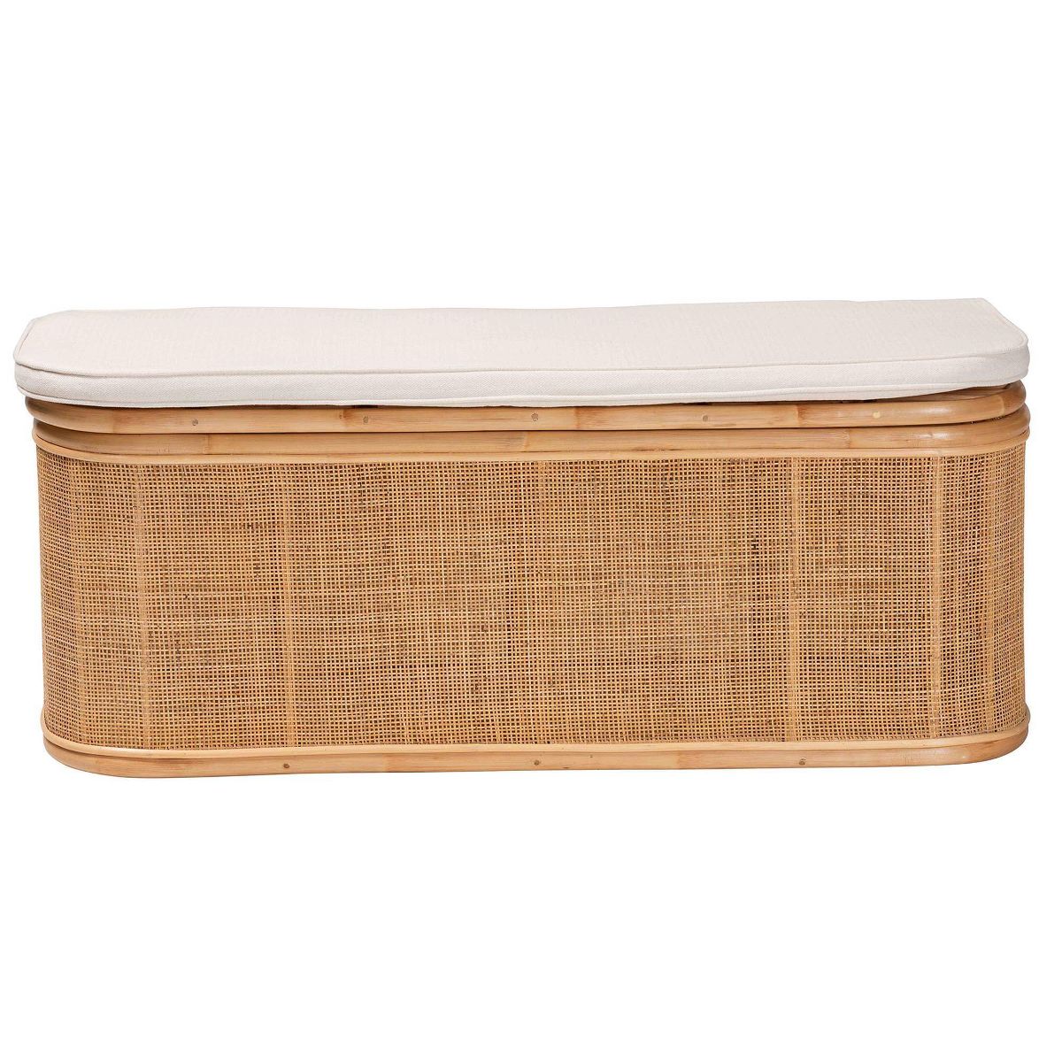 bali & pari Ishana Natural Rattan Storage Bench Natural/White: Upholstered Polyester, Plywood Frame, No Assembly Required - thumbnail 4
