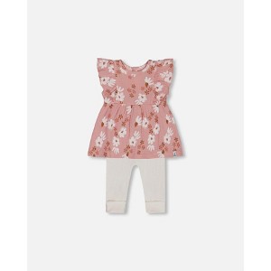 Deux par Deux Girl Printed Muslin Tunic and Rib Leggings Set Pink and White Flowers - 1 of 4