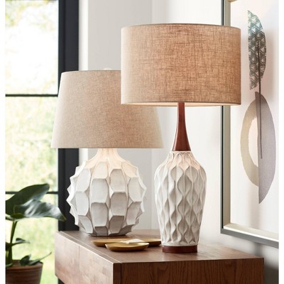 Mid-Century White Ceramic & Wood Table Lamp with Tan Drum Shade
