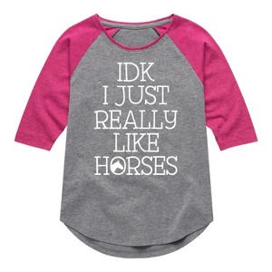 Girls' - Instant Message - Idk I Like Horses Shirt Tail Raglan Graphic T-shirt - 1 of 4