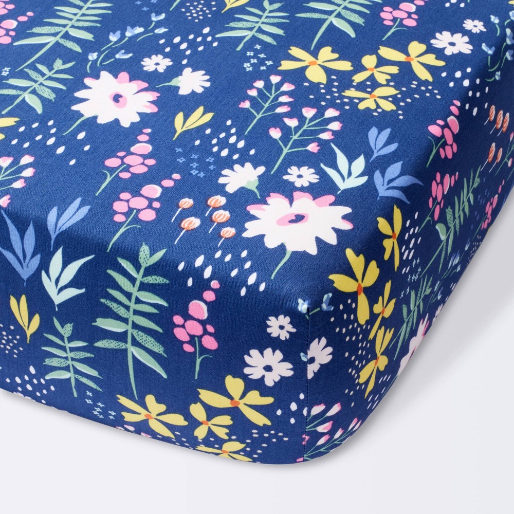 Photos - Bed Linen Cotton Fitted Crib Sheet Wildflower Dark - Cloud Island™ Navy Floral: 228 Thread Count, 100 Cotton, Standard Crib/Toddler, P