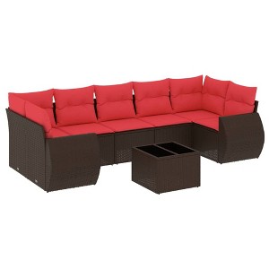 vidaXL Patio Sofa Set with Cushions Outdoor Furniture 8 Piece Poly Rattan - Brown and Red - 1 of 4