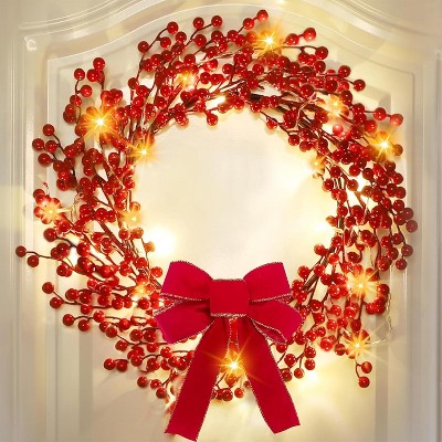 Timer & 8 Modes Prelit Lighted Christmas Wreaths , 20 Warm White Lights Battery Operated 18 Inch
