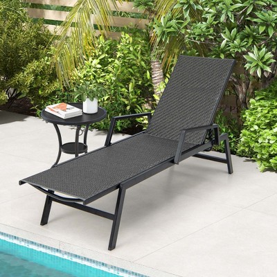 Costway 1 PC/2 PCS Outdoor Rattan Chaise Lounge with Armrests & 5-Position Backrest for Backyard