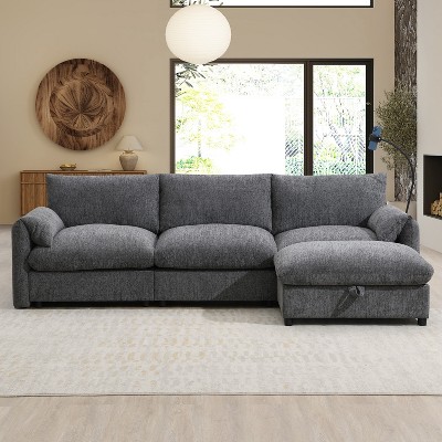 Whisen Chenille Sectional Sofa with Storage Ottoman and Pockets