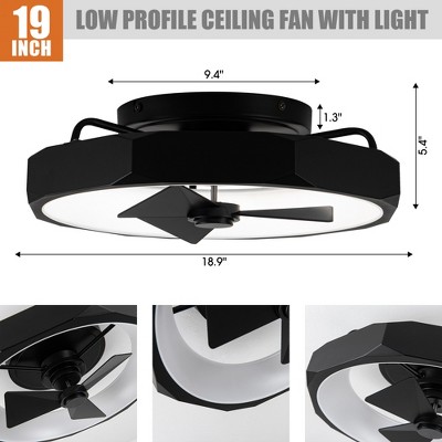 Modern Matte Black Low Profile 19" Ceiling Fan with LED Light and Remote