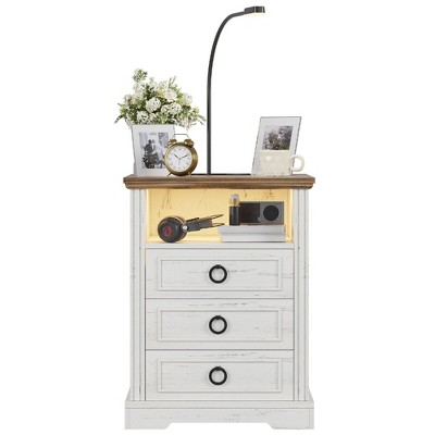 Vlsrka LED 3-Drawer Nightstand with Charging Station and Reading Light,White